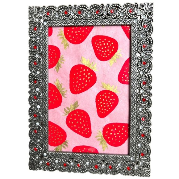 PIER 1 Beaded Metal Picture Frame Silver Red Filigree Wall Tabletop 5x7 - Picture 1 of 11